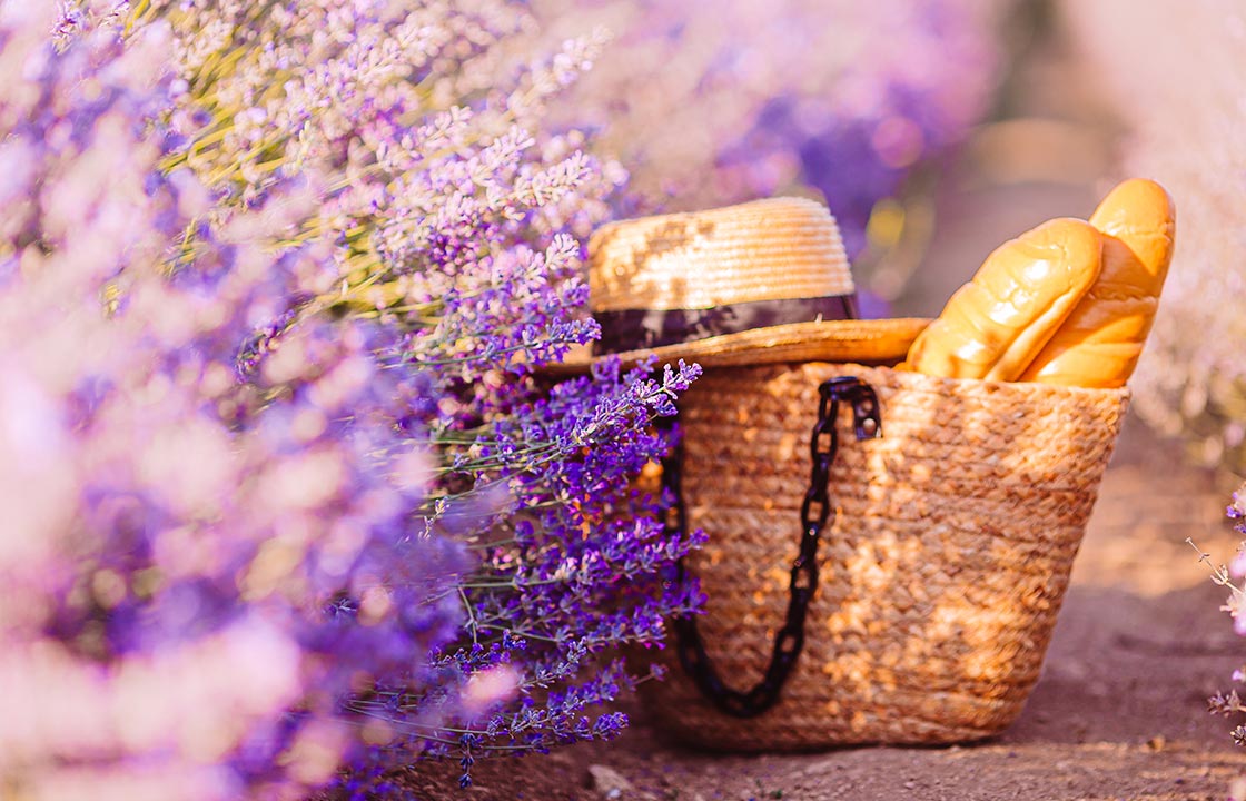 Lavender and basket with bread